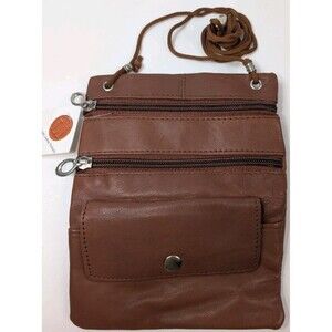 Y2K Brown Leather Crossbody Organizer Bag Multi Zip Small Purse Hobo Shabby Chic